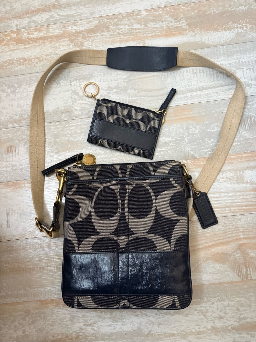 Coach Black & Tan Signature Canvas Crossbody with Card Case